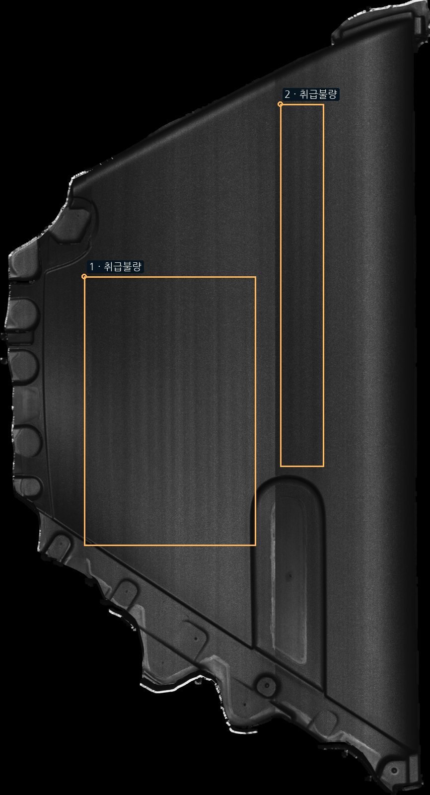 CSV pixel annotations on the source scan image: NX5_DT_RR_UPR-2_CUR_1_20260916_11_40__NG_1b598f48d4e1. Each marker shows the CSV row number followed by its Error / defect label when supplied. W/H boxes assume X/Y top-left for inspection; the anchor convention and CAD mapping are unvalidated.
